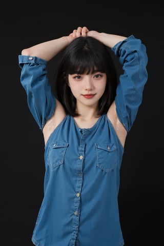 1girl, black hair, smiling, ID photo style, solid color background, (18yo),(arms behind head:1.2), clear skin, bright eyes, natural makeup, casual clothing, high resolution, best quality, masterpiece.