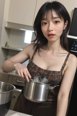 1girl, black hair, young, (20yo), in a pot, being cooked, (steam:1.2), boiling water, hot steam, detailed facial expression, panic, wide-eyed, (red face:1.3), dynamic pose, (bubbles:1.0), kitchen background, stainless steel pot, (flames under pot:1.1), intense heat, (food cooking sounds:0.8), surreal scene, high contrast lighting, sharp details, (cinematic composition:1.3), best quality, masterpiece.