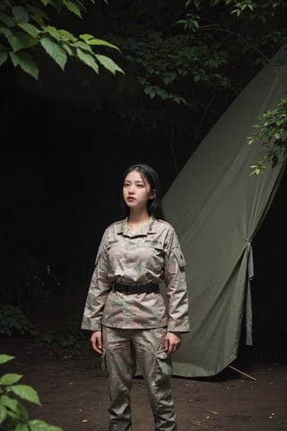 1girl, black hair, teenage, soldier, fully armed, standing at attention, (20yo), determined expression, detailed eyes, combat uniform, camouflage pattern, rifle, ammunition belt, combat boots, (headband:1.2), outdoor, military camp background, greenery, tents, realistic, depth of field, ambient light, (cinematic composition:1.3), best quality, masterpiece