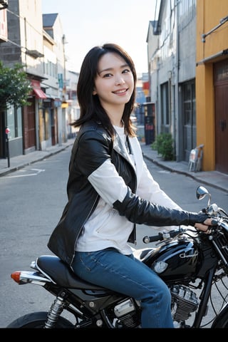 1girl, black hair, solo, (20yo), beautiful detailed eyes, smiling,leather jacket, jeans, boots, motorcycle, dynamic pose, clear sky background, realistic style, ambient light, (cinematic composition:1.3), wide-angle lens, best quality, masterpiece