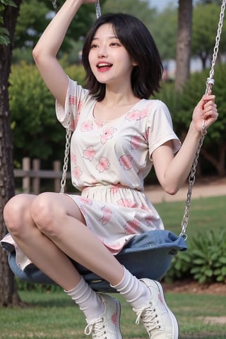 1girl, beautiful, black hair, long hair, swinging on a swing, park setting, green trees, sunny day, floral dress, white socks, pink sneakers, carefree expression, laughter, wind blowing hair, detailed skin texture, (joyful:1.2), vibrant colors, dynamic motion blur, best quality, masterpiece