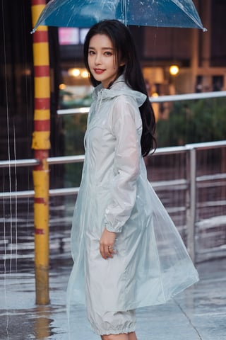 1girl, black hair, standing, full body, transparent raincoat, smiling, (beautiful eyes:1.2), (long hair:1.3), (transparent raincoat:1.5), urban background, light rain, puddles, city street, evening time, warm ambient light, (vivid colors:1.3), high resolution, best quality, masterpiece