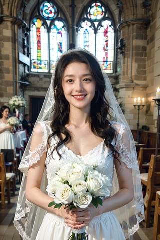 1girl, wedding scene, beautiful, black hair, long hair, (bride:1.2), white wedding dress, veil, holding bouquet, (smile:1.1), sparkling eyes, surrounded by guests, church interior, stained glass windows, flower decorations, candlelight, warm atmosphere, detailed background, depth of field, realistic, ambient light, (cinematic composition:1.3), high definition, best quality, masterpiece.