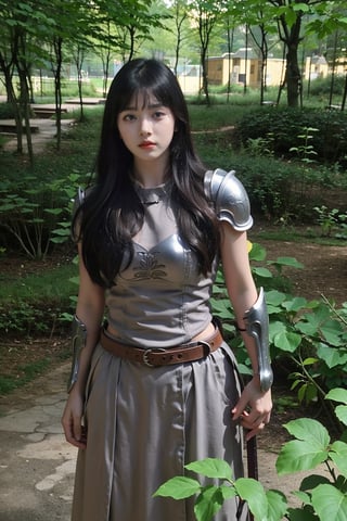 1girl, medieval, warrior, beautiful, black hair, long hair, (18yo), determined expression, wearing armor, sword on belt, standing in forest, sunlight filtering through trees, green leaves, brown bark, moss on ground, peaceful atmosphere, realistic style, best quality, masterpiece.