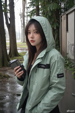 1girl, black hair, teenage, (20yo), survival scenario, wilderness, raining, wearing a jacket, waterproof, hood up, determined expression, holding a compass, surrounded by trees, muddy ground, puddles, mist, realistic, high dynamic range, depth of field, (cinematic composition:1.3), ambient light, wide-angle lens, best quality, masterpiece.