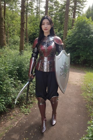 1girl, black hair, full body, armor, holding a sword and shield, forest background, (trees:1.2), (green leaves:1.3), (sunlight filtering through trees:1.1), detailed texture on armor, medieval style, determined expression, ready for battle, (shield design:0.8), (sword details:1.4), natural lighting, peaceful yet tense atmosphere, high resolution, best quality, masterpiece.