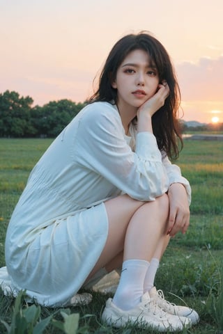 1girl, beautiful, black hair, long hair, fallen, grass field, (blue dress:1.2), white socks, school uniform, injured, looking at viewer, tears, light blush, beautifully detailed eyes, sunset background, orange and pink sky, depth of field, realistic, ambient light, (cinematic composition:1.3), soft focus, HDR, best quality, masterpiece