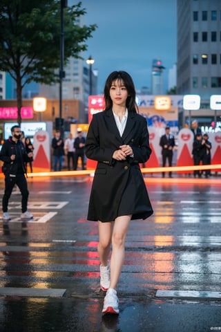 1girl, beautiful, black hair, long hair, solo, (18yo), (athletic, running), city background, urban landscape, skyscrapers, streets, night time, streetlights, dynamic pose, flowing dress, determined expression, high-quality sneakers, neon signs, reflections on wet pavement, ambient city lights, depth of field, realistic, (cinematic composition:1.3), wide-angle lens, best quality, masterpiece