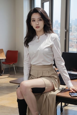 1girl, office lady, solo, (20yo), beautiful, detailed eyes, black hair, long hair, business suit, white shirt, black skirt, high heels, thighhighs, office, desk, computer, documents, window view, cityscape, beautifully detailed background, depth of field, realistic, ambient light, (cinematic composition:1.3), HDR, Accent Lighting, wide-angle lens, best quality, masterpiece