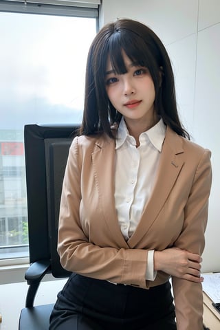 1girl, office lady, solo, (20yo), beautiful, detailed eyes, black hair, long hair, professional attire, suit jacket, pencil skirt, high heels, sitting at desk, computer on desk, office environment, modern interior, window view, sunlight, beautifully detailed background, depth of field, realistic, ambient light, (cinematic composition:1.3), HDR, Accent Lighting, wide-angle lens, best quality, masterpiece