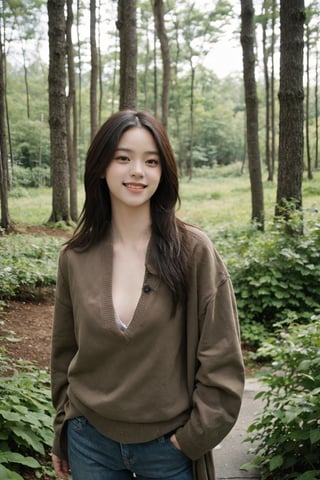 1girl, black hair, long hair, (smiling:1.2), forest, walking, full body shot, green trees, sunlight filtering through leaves, peaceful expression, casual attire, natural scenery, realistic style, best quality, masterpiece.