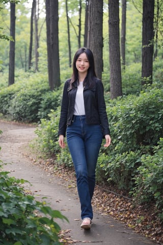 1girl, black hair, long hair, (smiling:1.2), forest, walking, full body shot, green trees, sunlight filtering through leaves, peaceful expression, casual attire, natural scenery, realistic style, best quality, masterpiece.