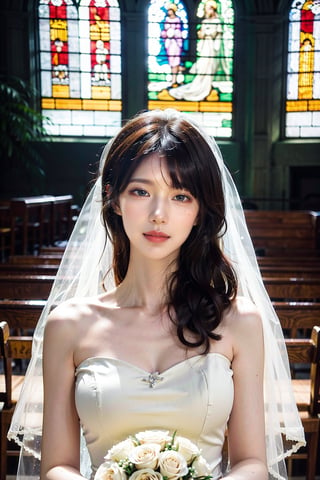 1girl, wedding scene, beautiful, black hair, long hair, (bride:1.2), white wedding dress, veil, holding bouquet, (smile:1.1), sparkling eyes, surrounded by guests, church interior, stained glass windows, flower decorations, candlelight, warm atmosphere, detailed background, depth of field, realistic, ambient light, (cinematic composition:1.3), high definition, best quality, masterpiece.