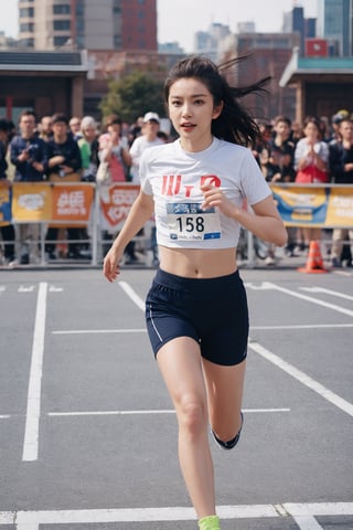 1girl, black hair, full body, sportswear, marathon running, dynamic pose, (16yo), determined expression, sweat, windblown hair, city marathon background, crowd cheering, clear sky, sunrise, vibrant colors, energy boost, detailed muscles, motion blur: legs, high quality, best quality, masterpiece.