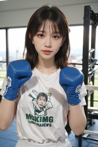 1girl, beautiful, black hair, young, (20yo), determined expression, boxing ring, punching, sportswear, dynamic pose, sweat, intense eyes, focused, gym, bright lighting, realistic style, best quality, masterpiece.