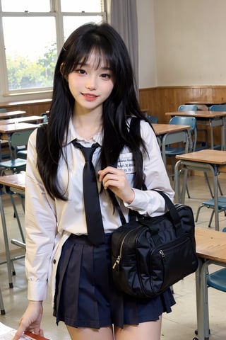 1girl, school uniform, beautiful, black hair, long hair, detailed eyes, looking at viewer, classroom setting, desk, smile,books, chalkboard, sunlight from window, (school bag:1.2), (uniform:1.3), high quality, masterpiece