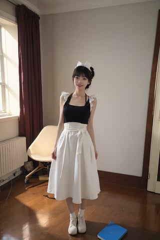 1girl, black hair, maid costume, full body, standing, smiling, room interior, detailed eyes, cute, youthful, light blush, looking at viewer, lace headwear, apron, dress with puff sleeves, bowtie, socks, shoes, floorboards, windows, curtains, furniture, beautifully detailed background, realistic, soft lighting, (cinematic composition:1.3), wide-angle lens, best quality, masterpiece.