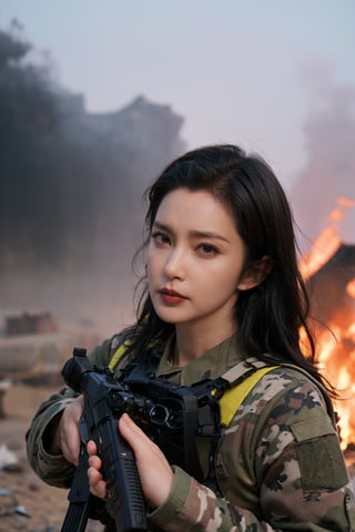 1girl, beautiful, black hair, long hair, intense eyes, determined expression, combat uniform, camouflage pattern, holding a rifle, firing, battlefield, explosions in background, tanks, smoke, fire, debris, chaotic environment, dynamic lighting, (action pose:1.2), high-contrast, gritty textures, best quality, masterpiece.