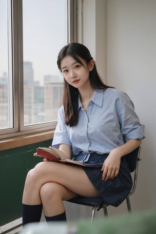 1girl, black hair, school, classroom, smiling, (20yo), beautiful detailed eyes, casual school uniform, sitting at desk, books, pencils, looking at viewer, natural light, detailed background, depth of field, realistic, ambient light, cinematic composition, best quality, masterpiece.