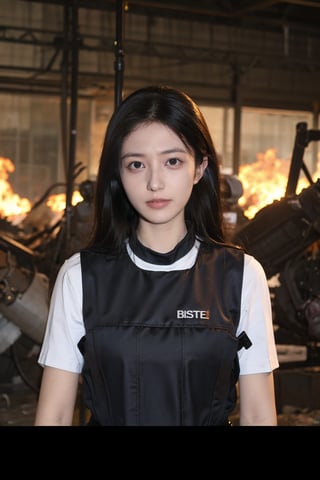 1girl, soldier, beautiful, black hair, long hair, (18yo), determined expression, combat uniform, rifle, helmet, (bulletproof vest:1.2), battlefield background, smoke, destroyed buildings, craters, distant explosions, (glowing eyes:1.3), dynamic shadows, high contrast lighting, (cinematic composition:1.3), gritty texture, best quality, masterpiece