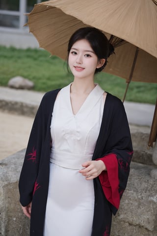 1girl, black hair, full body, standing, smiling, detailed eyes, (black hair:1.3), (kimono:1.2), (smiling:1.1), beautiful, elegant, peaceful expression, natural light, serene background, traditional Japanese setting, realistic, depth of field, ambient light, wide-angle lens, best quality, masterpiece