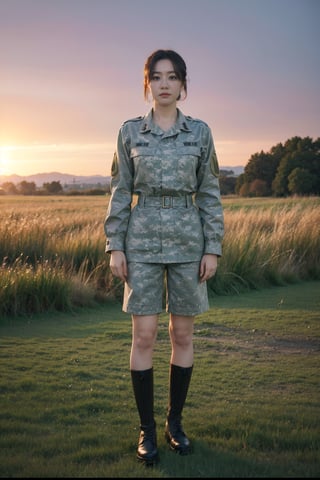 1girl, soldier, standing at attention, black hair, short hair, young (18yo), serious expression, military uniform, camouflage pattern, combat boots, outdoors, grass field, sunset, golden hour light, clear sky, detailed background, depth of field, realistic, ambient light, (cinematic composition:1.3), high definition, best quality, masterpiece