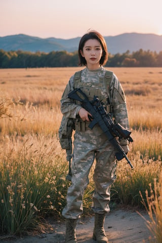 1girl, soldier, standing at attention, black hair, short hair, young (18yo), serious expression, military uniform, camouflage pattern, combat boots, outdoors, grass field, sunset, golden hour light, clear sky, detailed background, depth of field, realistic, ambient light, (cinematic composition:1.3), high definition, best quality, masterpiece