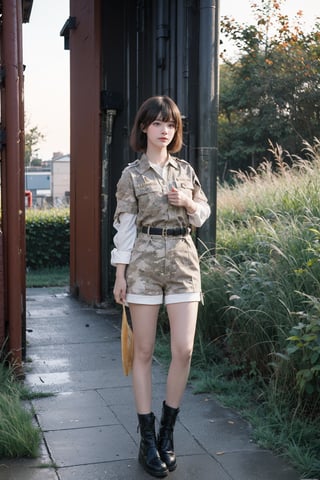 1girl, soldier, standing at attention, black hair, short hair, young (18yo), serious expression, military uniform, camouflage pattern, combat boots, outdoors, grass field, sunset, golden hour light, clear sky, detailed background, depth of field, realistic, ambient light, (cinematic composition:1.3), high definition, best quality, masterpiece