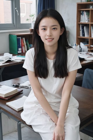 1girl, black hair, school, classroom, smiling, (20yo), beautiful detailed eyes, casual school uniform, sitting at desk, books, pencils, looking at viewer, natural light, detailed background, depth of field, realistic, ambient light, cinematic composition, best quality, masterpiece.