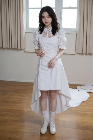 1girl, black hair, maid costume, full body, standing, smiling, room interior, detailed eyes, cute, youthful, light blush, looking at viewer, lace headwear, apron, dress with puff sleeves, bowtie, socks, shoes, floorboards, windows, curtains, furniture, beautifully detailed background, realistic, soft lighting, (cinematic composition:1.3), wide-angle lens, best quality, masterpiece.