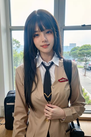 1girl, school uniform, beautiful, black hair, long hair, detailed eyes, looking at viewer, classroom setting, desk, smile,books, chalkboard, sunlight from window, (school bag:1.2), (uniform:1.3), high quality, masterpiece