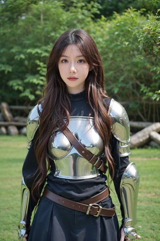 1girl, medieval, warrior, beautiful, black hair, long hair, (18yo), determined expression, wearing armor, sword on belt, standing in forest, sunlight filtering through trees, green leaves, brown bark, moss on ground, peaceful atmosphere, realistic style, best quality, masterpiece.