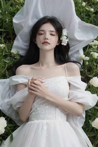 1girl, dead, beautiful, pale corpse, black hair, long hair, detailed eyes, closed eyes, lips slightly open,peaceful expression, white dress, bloodless, (lying on ground), hands hanging naturally,surrounded by flowers, dark forest background, moonlight, eerie atmosphere, high-quality, masterpiece.