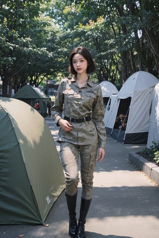 1girl, black hair, teenage, soldier, fully armed, standing at attention, (20yo), determined expression, detailed eyes, combat uniform, camouflage pattern, rifle, ammunition belt, combat boots, (headband:1.2), outdoor, military camp background, greenery, tents, realistic, depth of field, ambient light, (cinematic composition:1.3), best quality, masterpiece