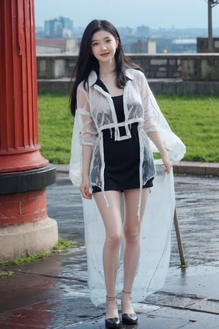 1girl, black hair, standing, full body, transparent raincoat, smiling, (beautiful eyes:1.2), (long hair:1.3), (transparent raincoat:1.5), urban background, light rain, puddles, city street, evening time, warm ambient light, (vivid colors:1.3), high resolution, best quality, masterpiece