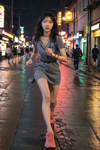 1girl, beautiful, black hair, long hair, solo, (18yo), (athletic, running), city background, urban landscape, skyscrapers, streets, night time, streetlights, dynamic pose, flowing dress, determined expression, high-quality sneakers, neon signs, reflections on wet pavement, ambient city lights, depth of field, realistic, (cinematic composition:1.3), wide-angle lens, best quality, masterpiece