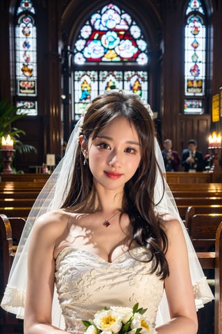 1girl, wedding scene, beautiful, black hair, long hair, (bride:1.2), white wedding dress, veil, holding bouquet, (smile:1.1), sparkling eyes, surrounded by guests, church interior, stained glass windows, flower decorations, candlelight, warm atmosphere, detailed background, depth of field, realistic, ambient light, (cinematic composition:1.3), high definition, best quality, masterpiece.