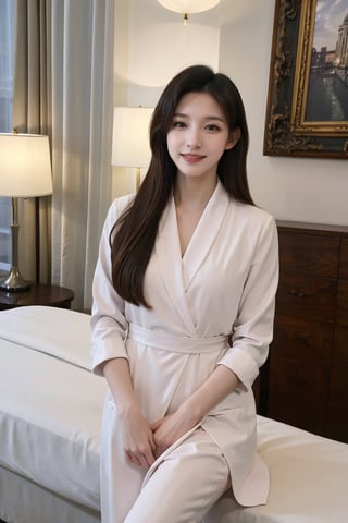 1girl, beautiful, black hair, sitting on a hotel bed, detailed eyes, (20yo), smile,elegant, looking at viewer, nightwear, silk robe, white, high-quality bedding, luxurious hotel room, warm lighting, (cinematic composition:1.3), depth of field, realistic, ambient light, wide-angle lens, best quality, masterpiece.