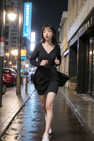 1girl, beautiful, black hair, long hair, solo, (18yo), (athletic, running), city background, urban landscape, skyscrapers, streets, night time, streetlights, dynamic pose, flowing dress, determined expression, high-quality sneakers, neon signs, reflections on wet pavement, ambient city lights, depth of field, realistic, (cinematic composition:1.3), wide-angle lens, best quality, masterpiece