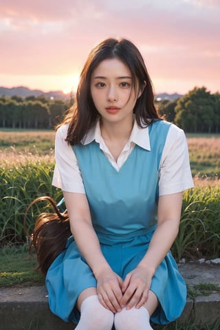 1girl, beautiful, black hair, long hair, fallen, grass field, (blue dress:1.2), white socks, school uniform, injured, looking at viewer, tears, light blush, beautifully detailed eyes, sunset background, orange and pink sky, depth of field, realistic, ambient light, (cinematic composition:1.3), soft focus, HDR, best quality, masterpiece