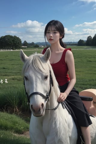 1girl, young lady, solo, (20yo), cute, detailed eyes, black hair, long hair, (ponytail:1.2), riding a horse, equestrian, traditional dress, red ribbon, looking forward, fields, countryside, sunny day, blue sky, white clouds, beautifully detailed background, depth of field, realistic, ambient light, (cinematic composition:1.3), HDR, Accent Lighting, wide-angle lens, best quality, masterpiece.