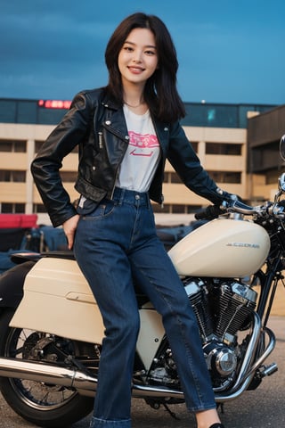 1girl, black hair, solo, (20yo), beautiful detailed eyes, smiling,leather jacket, jeans, boots, motorcycle, dynamic pose, clear sky background, realistic style, ambient light, (cinematic composition:1.3), wide-angle lens, best quality, masterpiece