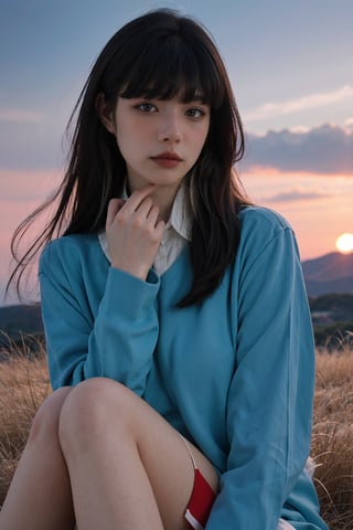 1girl, beautiful, black hair, long hair, fallen, grass field, (blue dress:1.2), white socks, school uniform, injured, looking at viewer, tears, light blush, beautifully detailed eyes, sunset background, orange and pink sky, depth of field, realistic, ambient light, (cinematic composition:1.3), soft focus, HDR, best quality, masterpiece