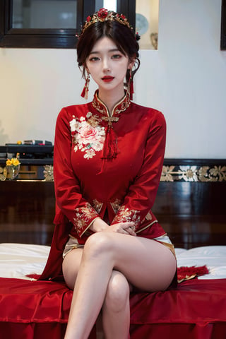  best quality,highly detailed,1girl,
a woman in a red and gold clothes, phoenix coronet,(sitting on red bed),blush,shy,black_hair, earrings,  indoors, jewelry, long_sleeves, red lips, tassel, Red quilt,(red palace:1.2),looking_at_viewer,smile