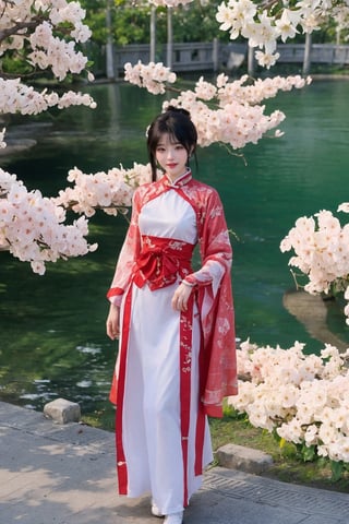 1girl, black hair, full body, standing, Hanfu, smiling, detailed eyes, traditional Chinese clothing, delicate patterns, silk fabric, (red ribbon:1.2), (jade pendant:0.9), ancient China, serene expression, gentle breeze, cherry blossoms, courtyard, stone path, (sunny weather:0.8), soft light, peaceful atmosphere, high definition, best quality, masterpiece.