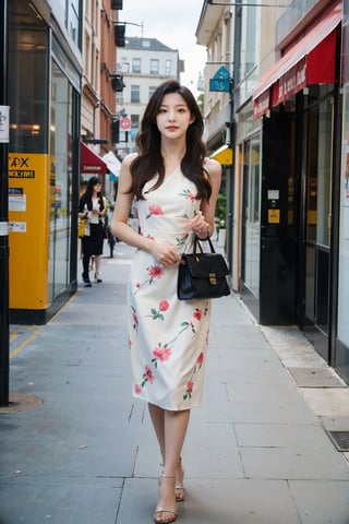 1girl, beautiful, black hair, long hair, detailed eyes, (18yo), elegant, shopping, street fashion, summer outfit, floral dress, white, sandals, carrying a bag, sunny day, city backdrop, pedestrians, urban, vibrant colors, realistic style, ambient light, (cinematic composition:1.2),best quality, masterpiece.