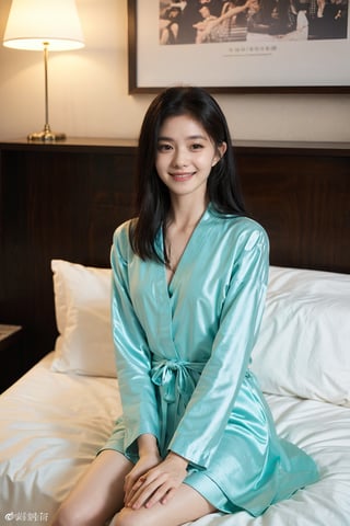 1girl, beautiful, black hair, sitting on a hotel bed, detailed eyes, (20yo), smile,elegant, looking at viewer, nightwear, silk robe, white, high-quality bedding, luxurious hotel room, warm lighting, (cinematic composition:1.3), depth of field, realistic, ambient light, wide-angle lens, best quality, masterpiece.