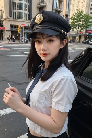 1girl, police officer, beautiful, black hair, long hair, detailed eyes, determined expression, patrolling, street, daytime, urban setting, uniform, hat, utility belt, handcuffs, baton, (20yo:0.8),sunlight, realistic, ambient light, depth of field, cinematic composition, wide-angle lens, best quality, masterpiece