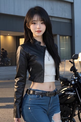 1girl, black hair, solo, (20yo), beautiful detailed eyes, smiling,leather jacket, jeans, boots, motorcycle, dynamic pose, clear sky background, realistic style, ambient light, (cinematic composition:1.3), wide-angle lens, best quality, masterpiece