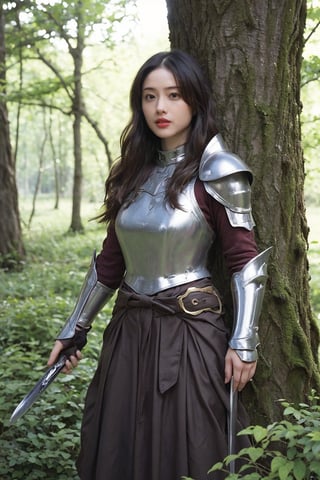 1girl, black hair, full body, armor, holding a sword and shield, forest background, (trees:1.2), (green leaves:1.3), (sunlight filtering through trees:1.1), detailed texture on armor, medieval style, determined expression, ready for battle, (shield design:0.8), (sword details:1.4), natural lighting, peaceful yet tense atmosphere, high resolution, best quality, masterpiece.